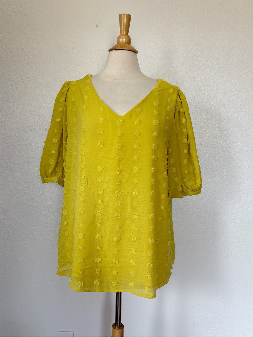 Kori Chartreuse Swiss Dot Short Sleeve Blouse